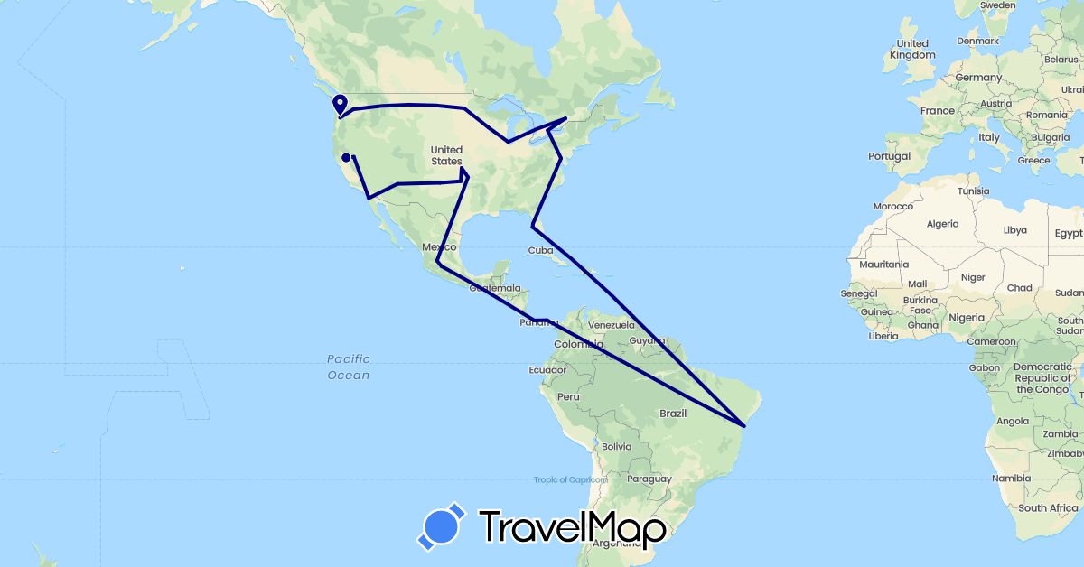 TravelMap itinerary: driving in Brazil, Canada, Mexico, Panama, United States (North America, South America)